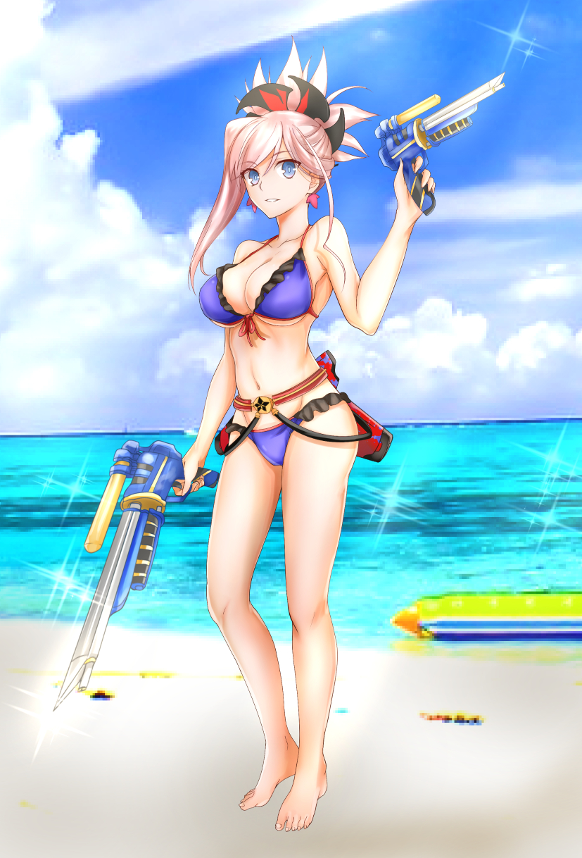 1girl, adapted_costume, armpits, bare_arms, bare_legs, bare_shoulders, barefoot, bikini