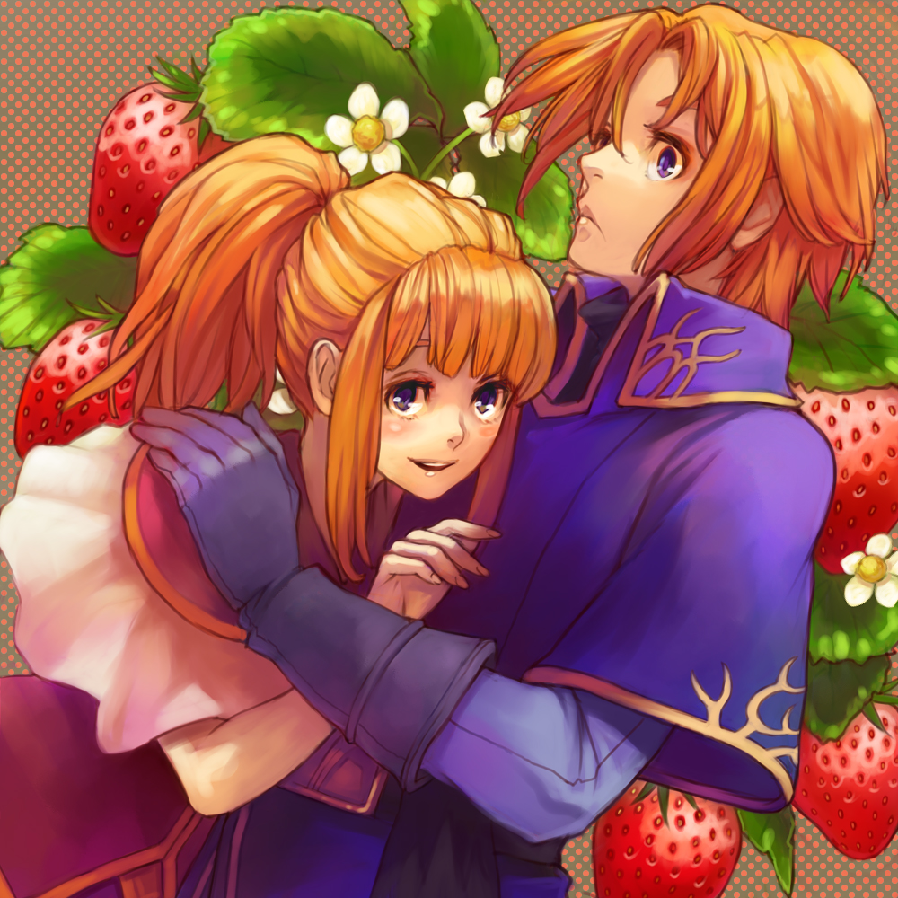 1boy, 1girl, blonde_hair, bonjour, brother_and_sister, capelet, clarine, dutch_angle