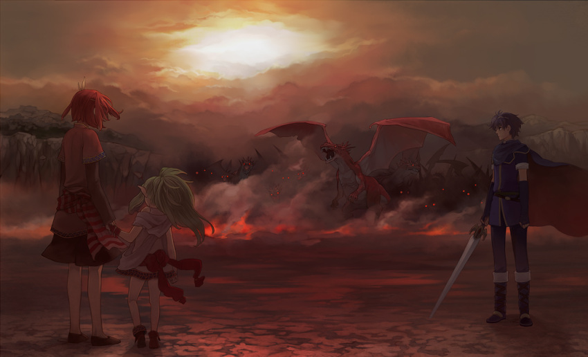 1girl, 2boys, armor, blue_hair, bonjour, boots, breastplate, cape