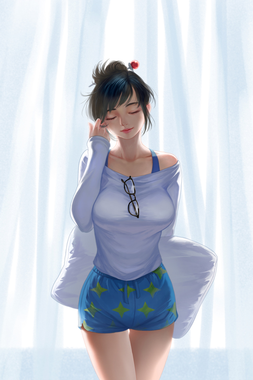 1girl, arm_behind_back, bangs, bare_shoulders, beads, black-framed_eyewear, blue_shorts, breasts, closed_mouth, collarbone, cowboy_shot, curtains, day, eyelashes, glasses, glasses_on_shirt, hair_bun, hair_ornament, hair_stick, hair_tousle, hair_tucking, hand_up, highres, holding, holding_pillow, indoors, large_breasts, long_sleeves, mei_(overwatch), off-shoulder_shirt, overwatch, pillow, pink_lips, sanmeosore_ryuuebi, shirt, short_hair, short_shorts, shorts, sidelocks, sleeves_past_wrists, smile, solo, star, star_print, swept_bangs, tank_top, thigh_gap, white_shirt, window