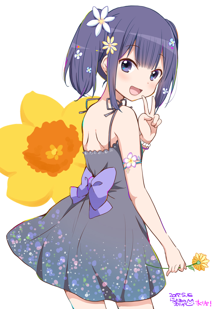 dress, eyebrows_visible_through_hair, flower, hair_between_eyes, hair_flower, hair_ornament, looking_at_viewer, open_mouth
