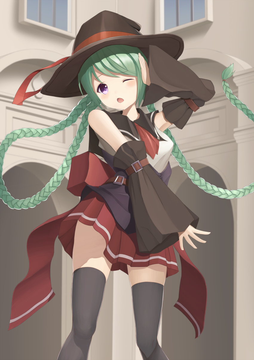 1girl, absurdly_long_hair, arch, belt, black_hat, black_legwear, braid, detached_sleeves