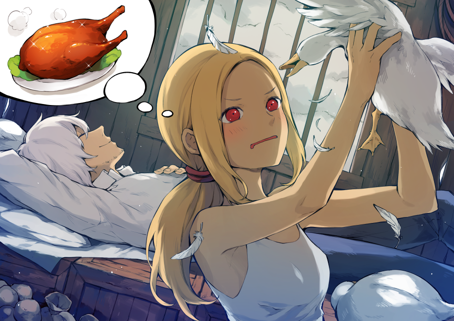 1boy, 1girl, aquariumtama, beard, bird, blonde_hair, blush, dark_skin
