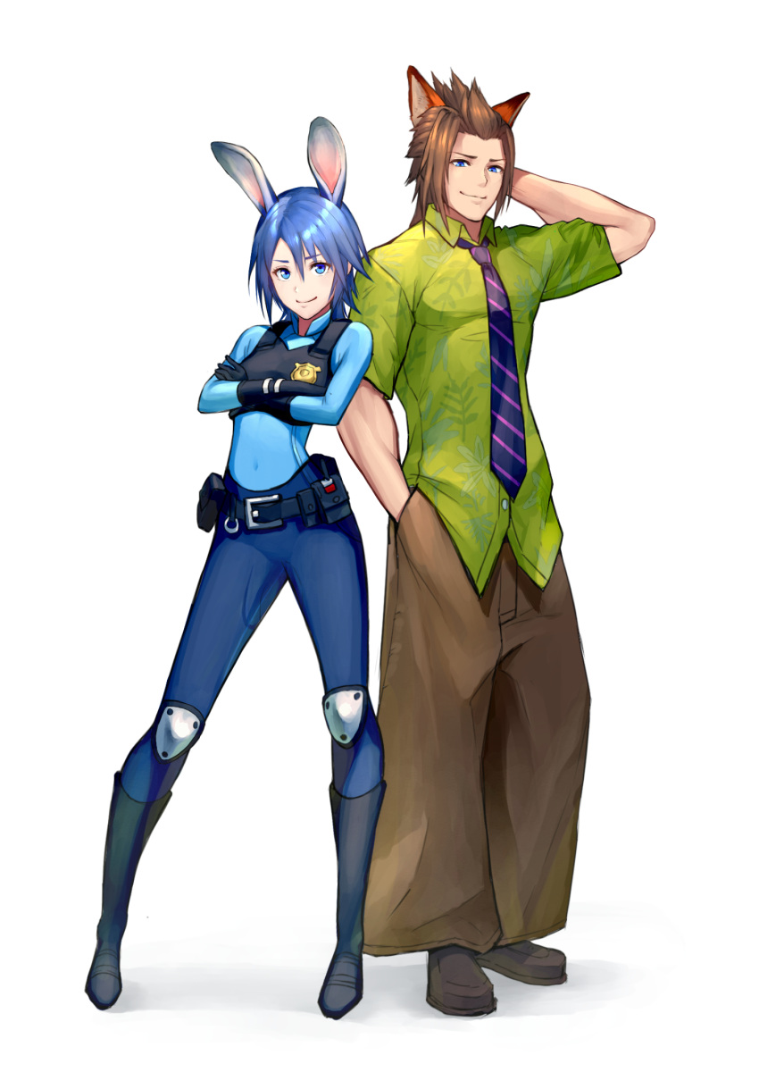 1boy, 1girl, animal_ears, aqua_(kingdom_hearts), baggy_pants, blue_eyes, blue_hair, boots, breasts, brown_hair, bunny_girl, bunny_tail, cosplay, crossed_arms, crossover, eyelashes, fox_boy, fox_ears, full_body, gloves, gogo_(detteiu_de), highres, judy_hopps, judy_hopps_(cosplay), kingdom_hearts, kingdom_hearts_birth_by_sleep, looking_at_viewer, necktie, nick_wilde, nick_wilde_(cosplay), pants, police, police_uniform, policewoman, rabbit_ears, short_hair, simple_background, smile, spiky_hair, standing, tail, terra_(kingdom_hearts), uniform, white_background, zootopia