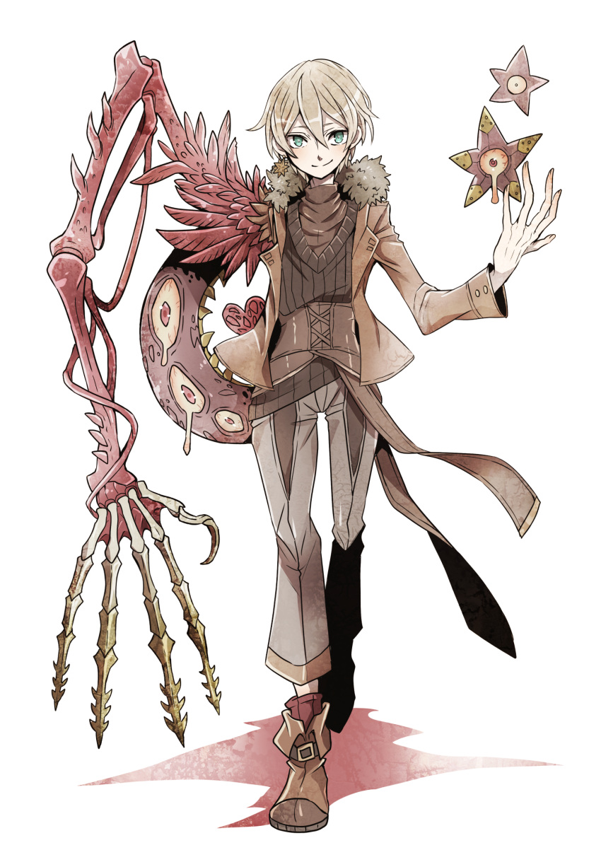 1boy, blonde_hair, bloodshot_eyes, blue_eyes, claws, earrings, eyes, fur_trim, highres, jacket, jewelry, monster_boy, original, skeletal_arm, smile, sweater, tears, tentacle, towa-darkmistic, walking, white_background