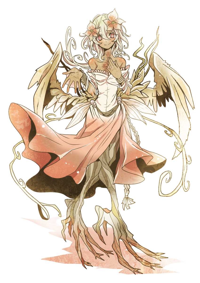 1girl, bare_shoulders, blonde_hair, braid, dark_skin, feathered_wings, flower, hair_flower