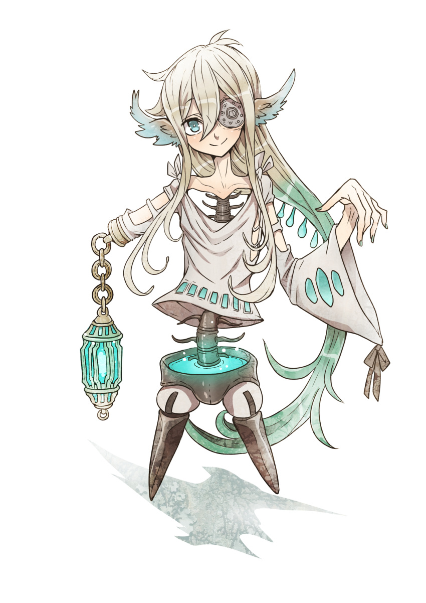 1girl, amputee, aqua_hair, blonde_hair, blue_eyes, chains, doll_joints, eyepatch