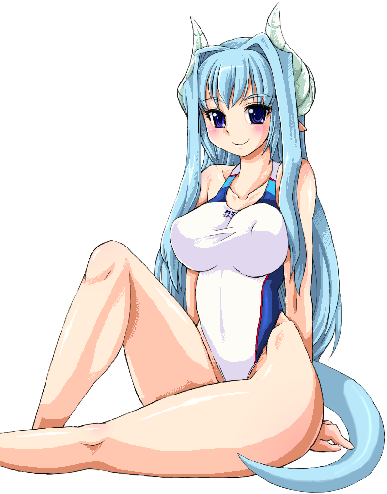 blue_hair, blush, breasts, competition_swimsuit, horns, large_breasts, legs, long_hair
