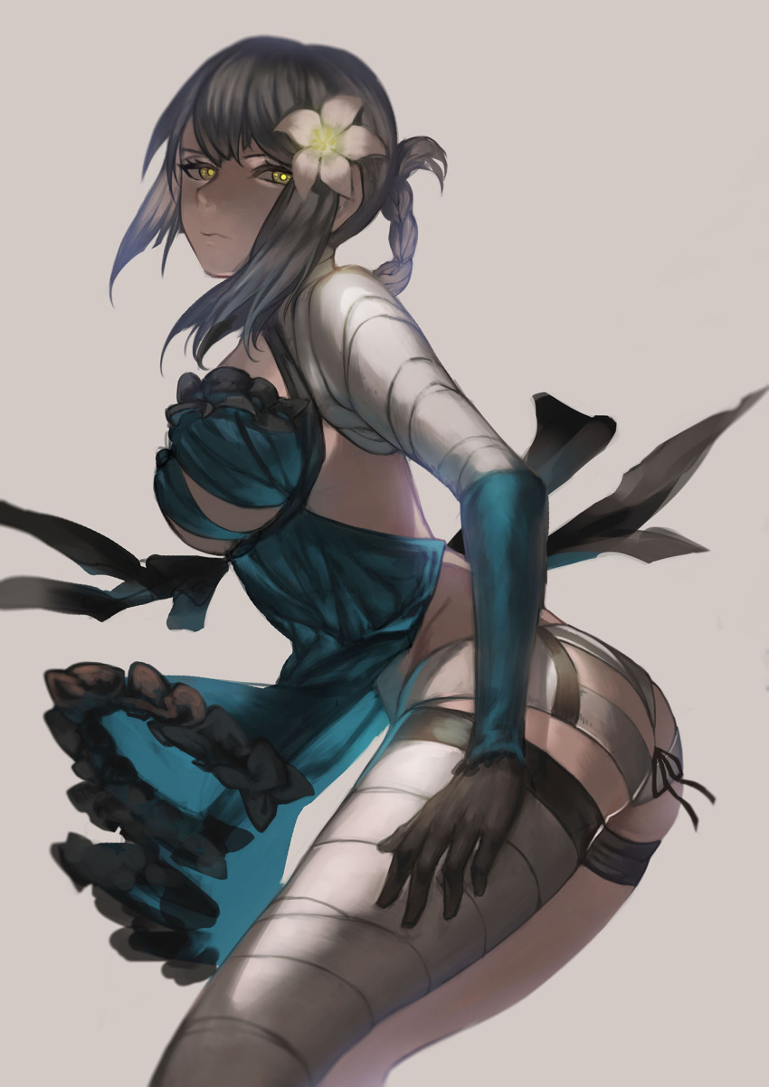 1girl, asymmetrical_clothes, bandage, bandaged_arm, bandaged_leg, bandaged_neck, bangs, black_gloves, black_ribbon, blue_dress, braid, breasts, buta_(kuroyukisama), closed_mouth, cowboy_shot, dress, eyelashes, flower, frills, from_side, gloves, hair_flower, hair_ornament, hair_rings, hand_on_own_leg, highres, kaine_(nier), leaning_forward, legs_together, lily_(flower), lingerie, medium_breasts, negligee, nier, nier_(series), panties, ribbon, short_hair, sidelocks, silver_hair, single_thighhigh, skindentation, solo, standing, thigh-highs, thigh_strap, thighs, thong, thong_panties, under_boob, underwear, vambraces, white_legwear, white_panties, yellow_eyes