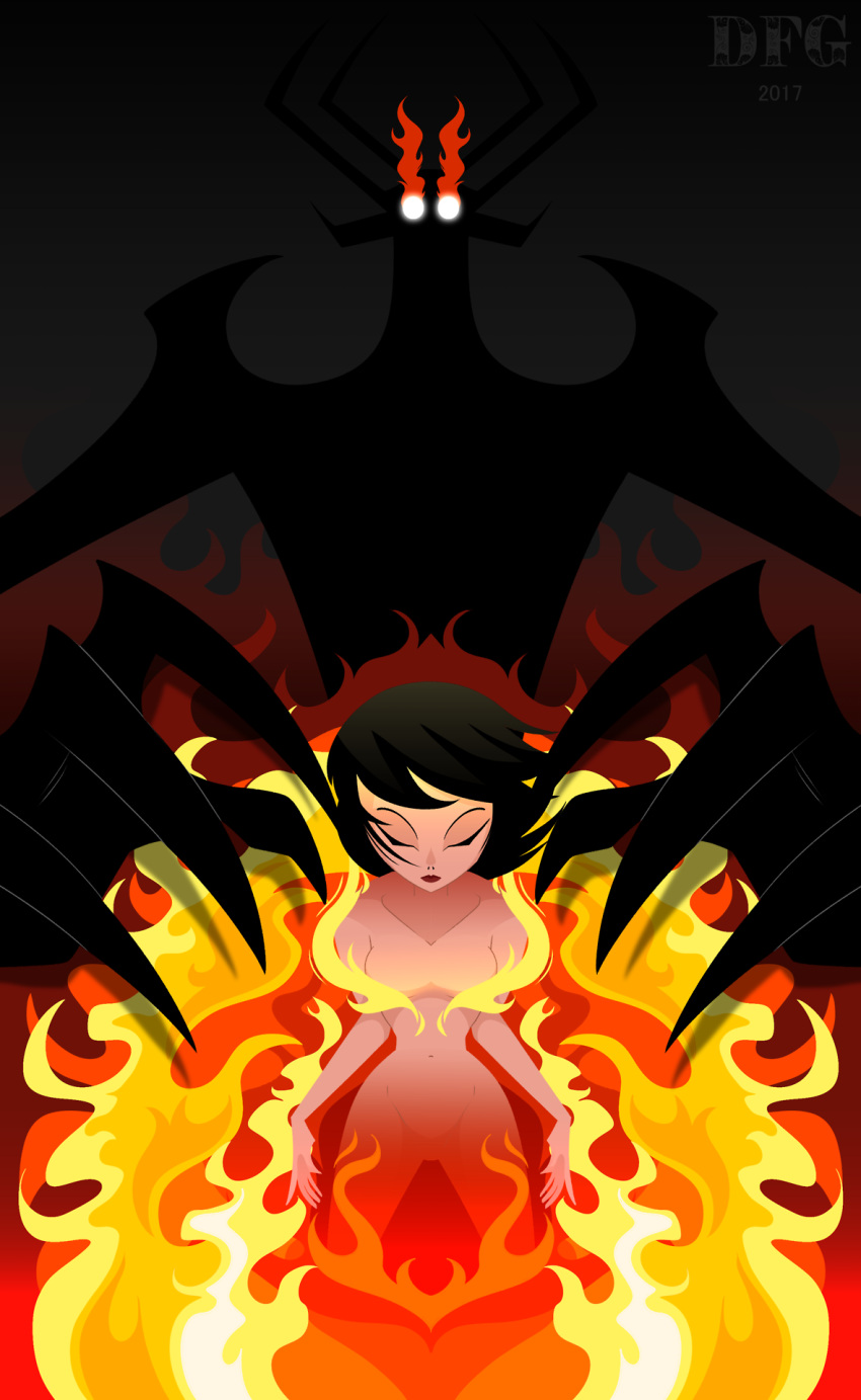 1girl, 2017, aku, ashi_(samurai_jack), black_hair, closed_eyes, dragonfoxgirl, fire