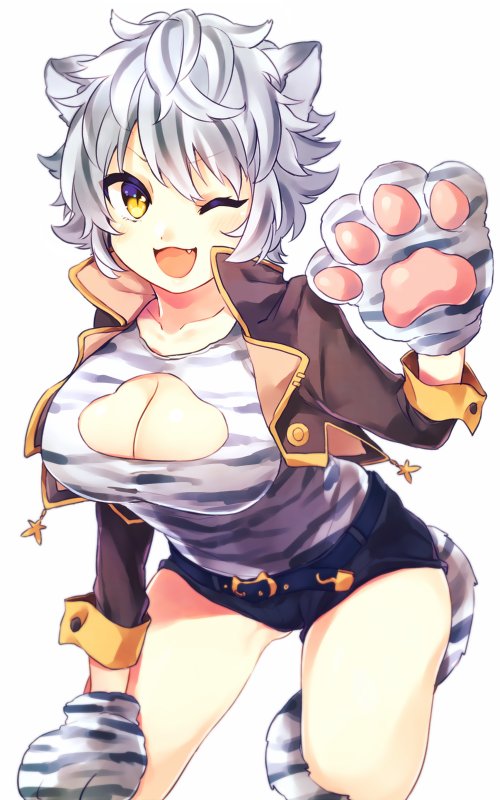 1girl, ;d, animal_ears, animal_print, belt, black_jacket, black_shorts, breasts