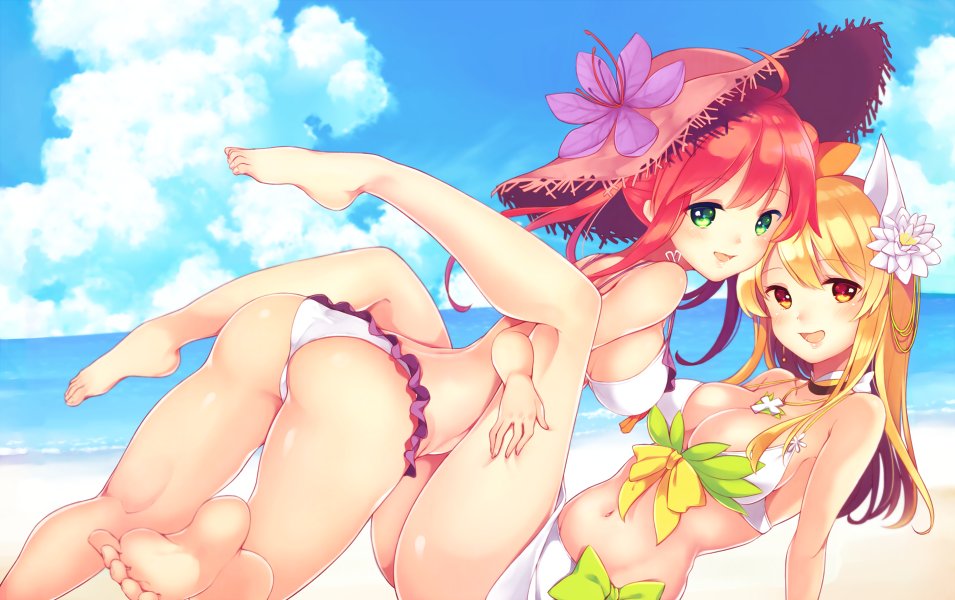 2girls, barefoot, beach, bikini, blonde_hair, blush, bow, breasts