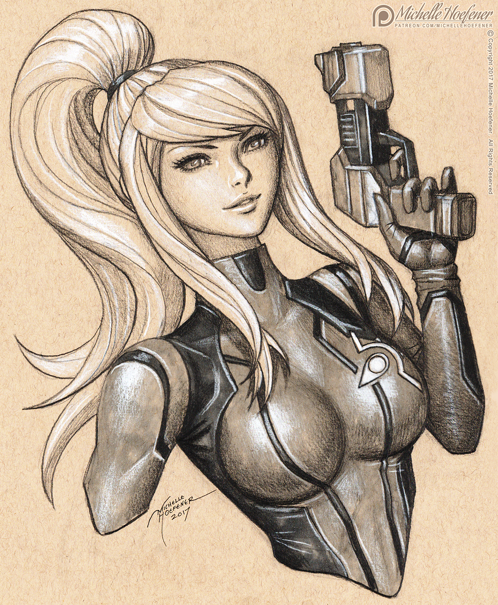 1girl, artist_name, blonde_hair, blue_bodysuit, bodysuit, breasts, colored_pencil_(medium), dated, eyelashes, finger_on_trigger, graphite_(medium), gun, high_ponytail, highres, holding, holding_gun, holding_weapon, lips, medium_breasts, metroid, michelle_hoefener, nose, parted_lips, patreon_logo, patreon_username, ponytail, samus_aran, signature, skin_tight, smile, solo, traditional_media, upper_body, watermark, weapon, web_address, zero_suit