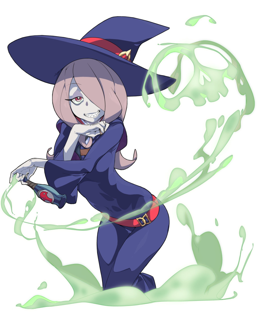 1girl, guido_(sucurapu), hair_over_one_eye, highres, little_witch_academia, long_hair, looking_at_viewer, purple_hair, red_eyes, school_uniform, sharp_teeth, simple_background, smile, solo, sucy_manbavaran, teeth, white_background, witch