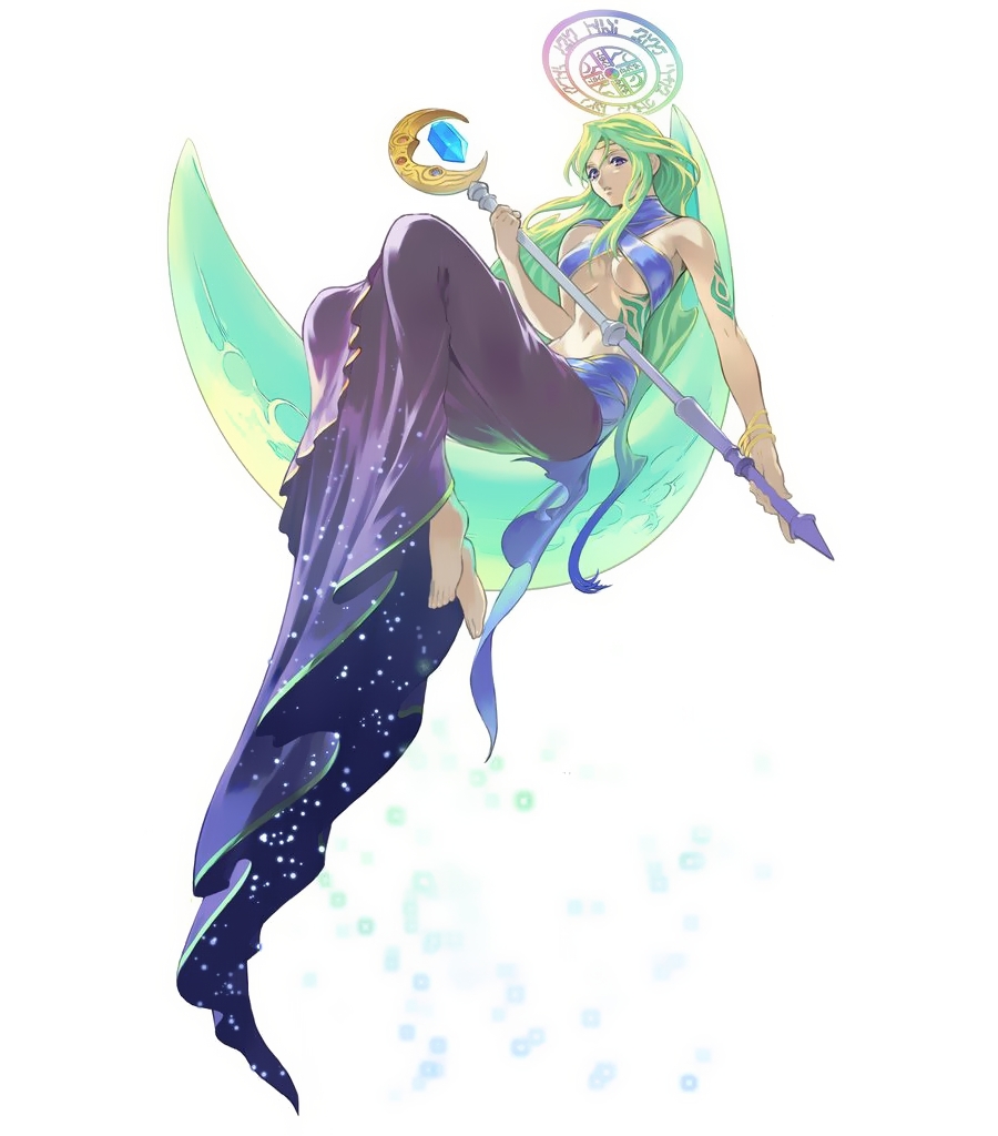 barefoot, bracelet, dress, goddess, green_hair, halo, jewelry, long_hair, luna, luna_(tos), moon, official_art, staff, tales_of_(series), tales_of_symphonia, tattoo, very_long_hair