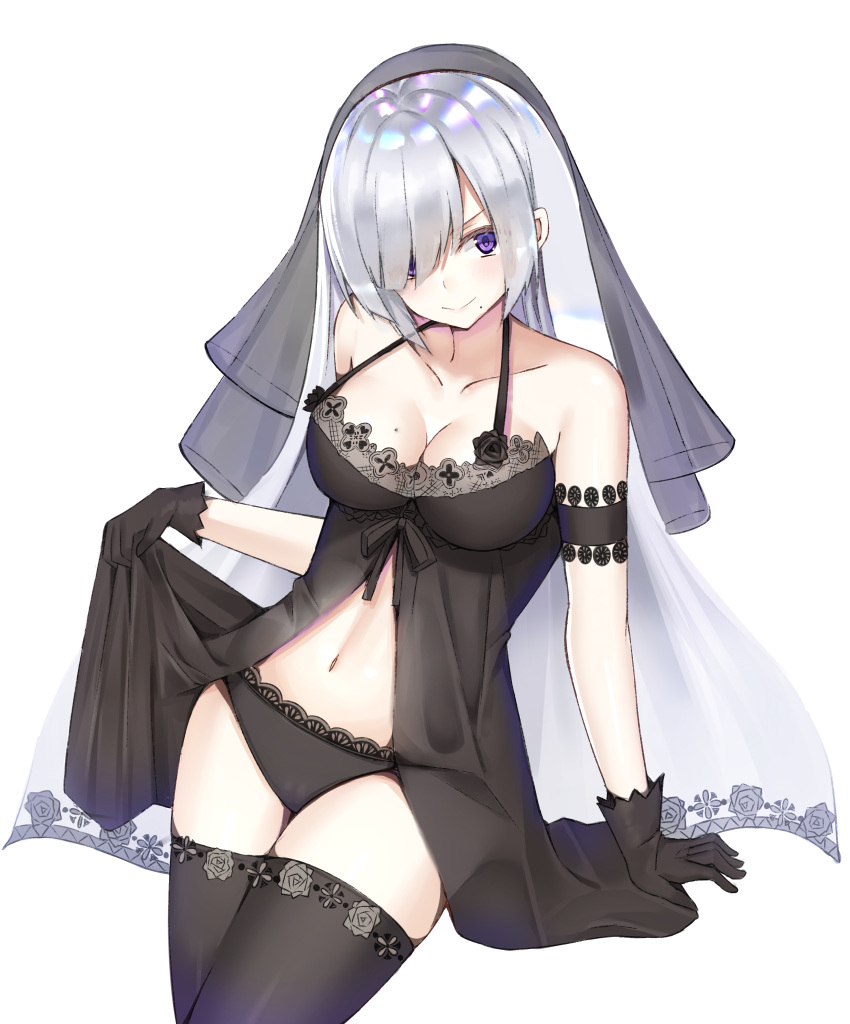 >:), 1girl, absurdres, babydoll, babydoll_lift, bare_shoulders, black_gloves, black_legwear, black_panties, black_ribbon, blush, breasts, cleavage, collarbone, cowboy_shot, floral_print, gloves, hair_over_one_eye, highres, kanikou, large_breasts, long_hair, looking_at_viewer, mole, mole_on_breast, mole_under_mouth, navel, original, panties, ribbon, shiny, shiny_hair, simple_background, solo, standing, stomach, straight_hair, thigh-highs, underwear, underwear_only, veil, very_long_hair, violet_eyes, white_background