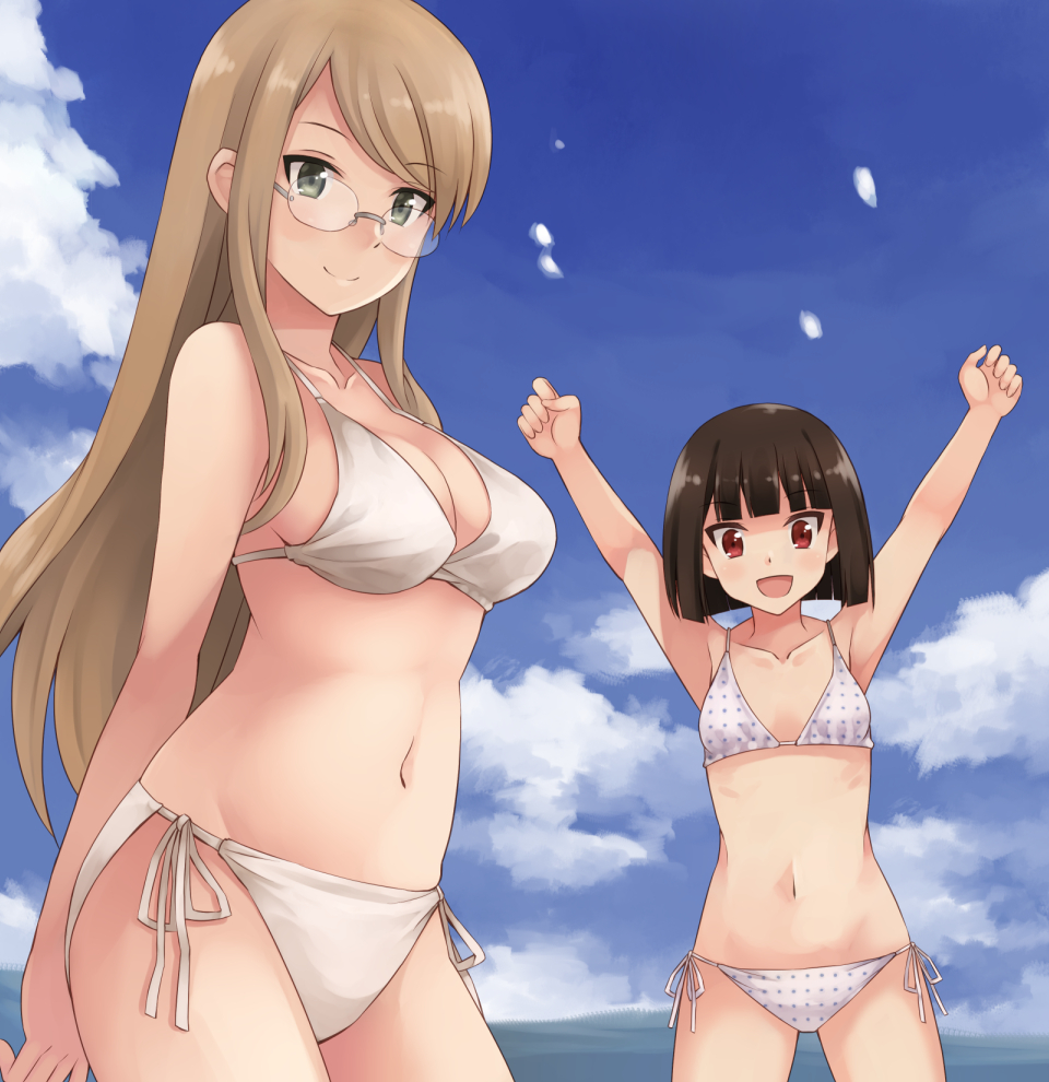 2girls, akemiho_tabi_nikki, arms_up, bikini, black_hair, blonde_hair, breasts, brown_hair
