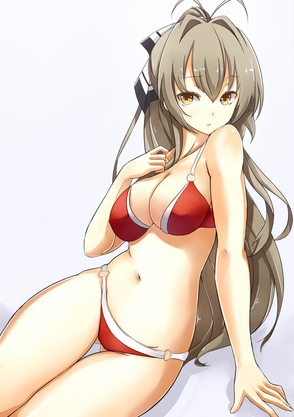 1girl, amagi_brilliant_park, antenna_hair, arm_support, asya, bare_shoulders, bikini, body_blush