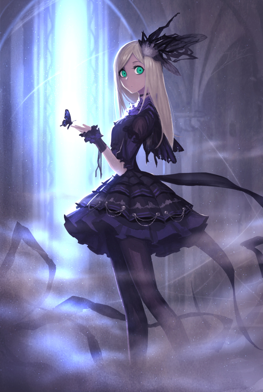 1girl, aqua_eyes, ascot, black_ascot, black_choker, black_dress, black_gloves, black_legwear