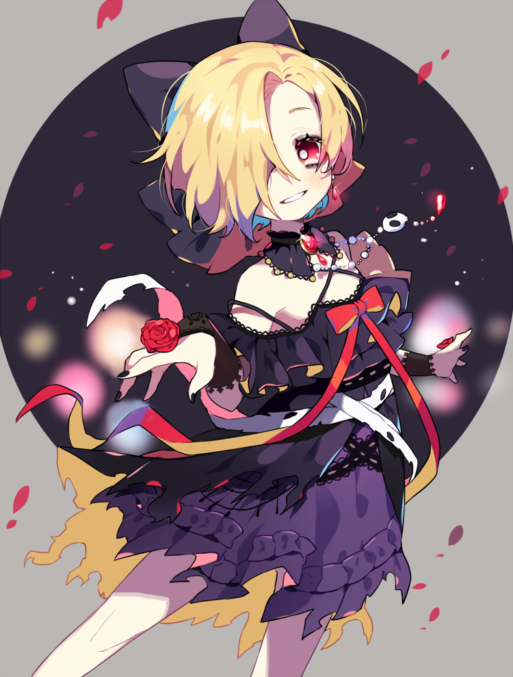 1girl, bags_under_eyes, bandage, black_bow, black_collar, black_gloves, blonde_hair, bow
