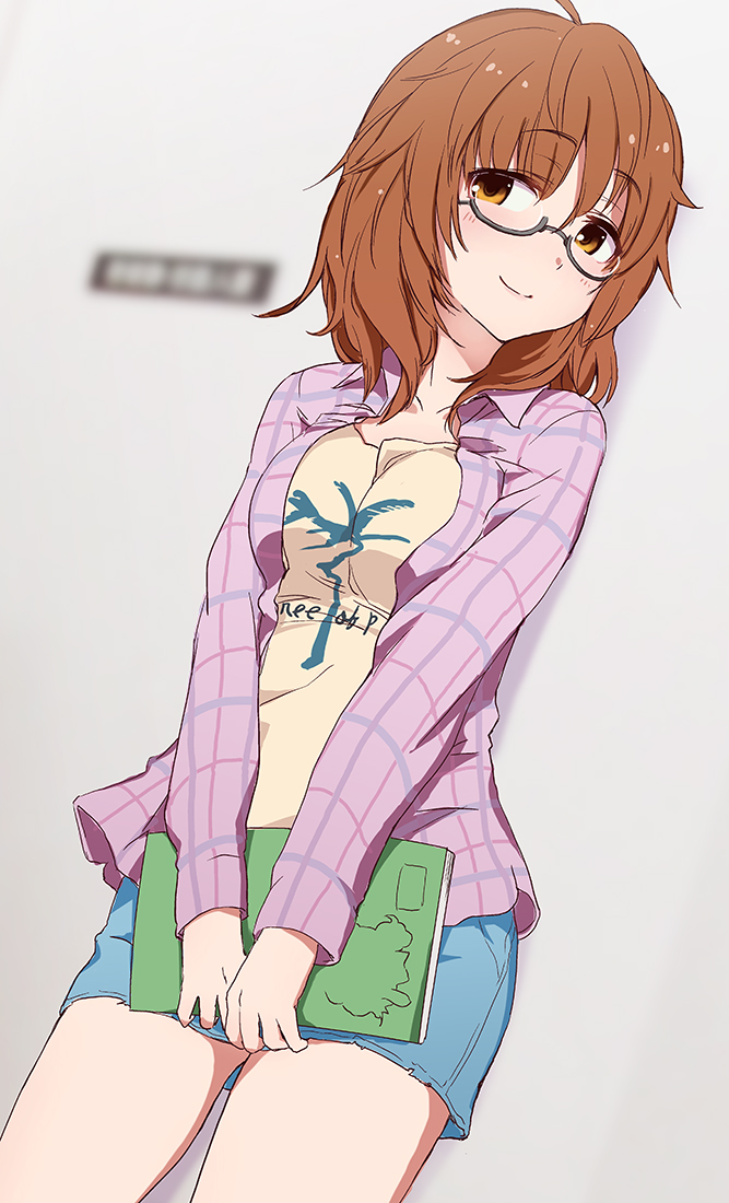 1girl, against_wall, ahoge, araki_hina, blue_shorts, blue_skirt, blush, book