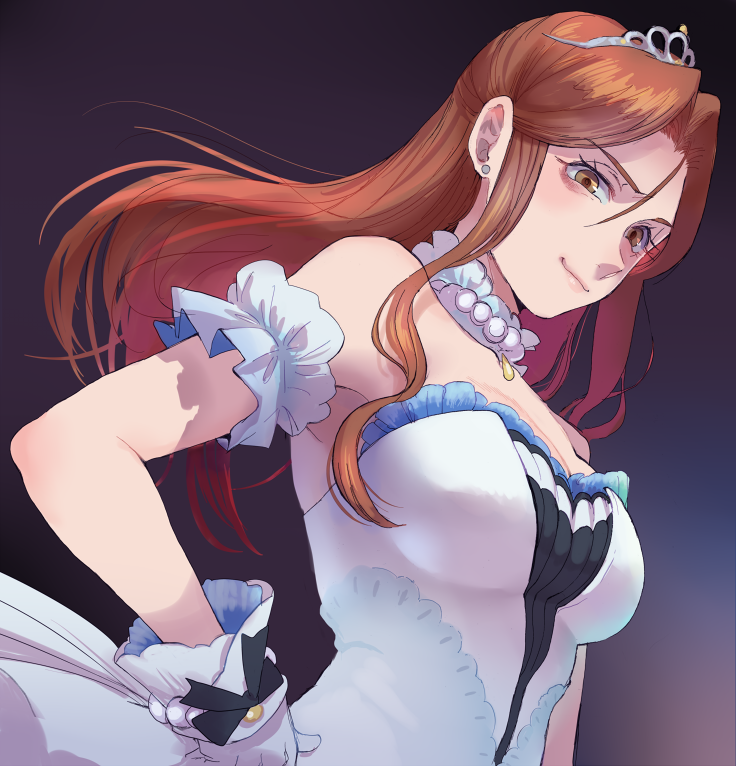 1girl, arm_at_side, arm_cuffs, bare_shoulders, black_background, black_bow, bow, brown_hair