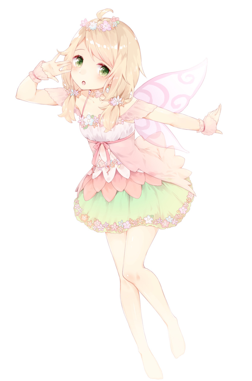 1girl, :o, ahoge, arm_up, bad_feet, bare_legs, barefoot, blonde_hair, blush, collarbone, dress, fairy_wings, flower, flower_necklace, flower_skirt, full_body, green_eyes, hair_flower, hair_ornament, head_wreath, highres, idolmaster, idolmaster_cinderella_girls, idolmaster_cinderella_girls_starlight_stage, jewelry, layered_skirt, looking_at_viewer, low_twintails, manatsuki_manata, medium_hair, messy_hair, necklace, open_mouth, outstretched_arm, pink_dress, pink_wings, shiny, shiny_skin, short_twintails, simple_background, solo, spaghetti_strap, standing, twintails, white_background, wings, wrist_cuffs, yusa_kozue