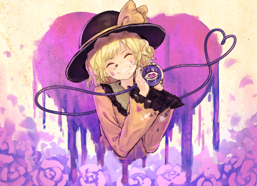 1girl, ^_^, bionekojita, black_hat, bow, closed_eyes, eyeball, flower