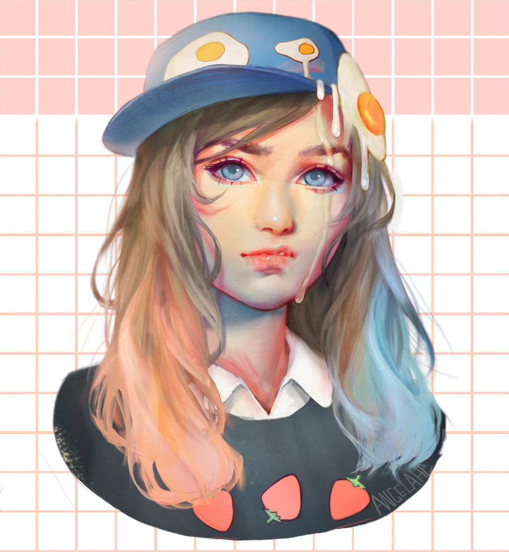 1girl, angela_he, artist_name, blue_eyes, blue_hat, brown_hair, closed_mouth, collared_shirt