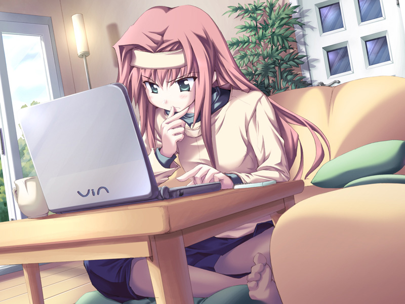 blue_eyes, computer, crossed_legs, frown, fue_(tsuzuku), game_cg, green_eyes, headband, hiiragi_natsuki, hinatabokko, indian_style, laptop, legs_crossed, long_hair, red_hair, redhead, sitting