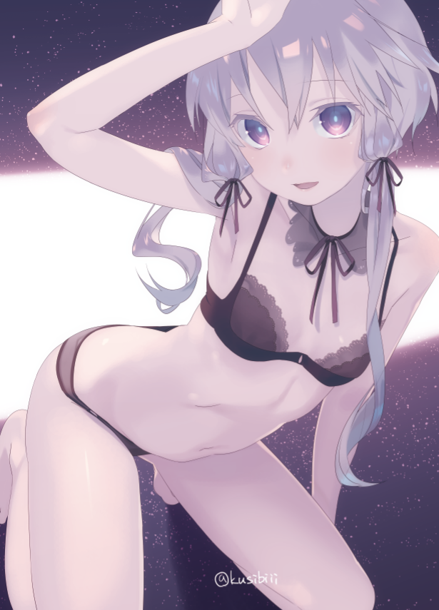 1girl, arm_up, armpits, artist_name, bare_legs, barefoot, black_bra, black_panties, bra, breasts, choker, folded_leg, hair_ribbon, haruwakame, kneeling, lavender_hair, looking_at_viewer, navel, panties, ribbon, short_hair_with_long_locks, sidelocks, small_breasts, smile, solo, underwear, underwear_only, violet_eyes, vocaloid, voiceroid, white_pupils, yuzuki_yukari