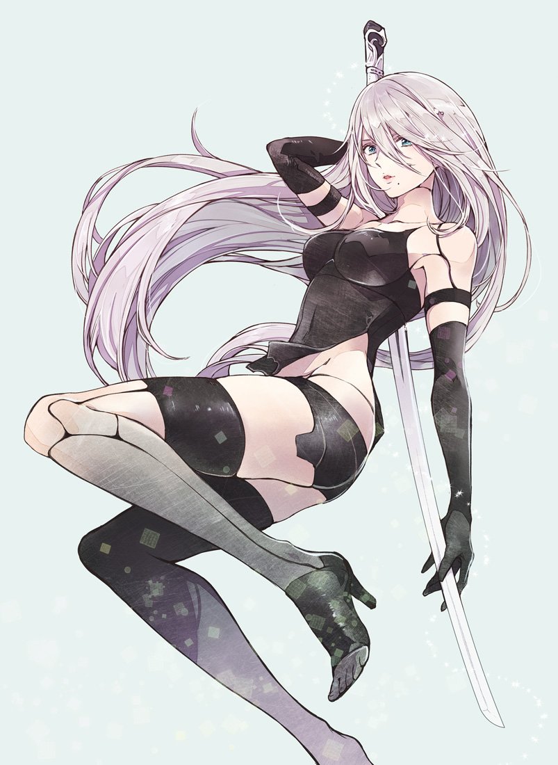 1girl, bare_shoulders, blue_eyes, collarbone, covered_navel, elbow_gloves, gloves, groin, high_heels, katana, mole, mole_under_mouth, nier_(series), nier_automata, robot_joints, sami_(3a3i3a3i), silver_hair, sword, thigh-highs, weapon, yorha_type_a_no._2