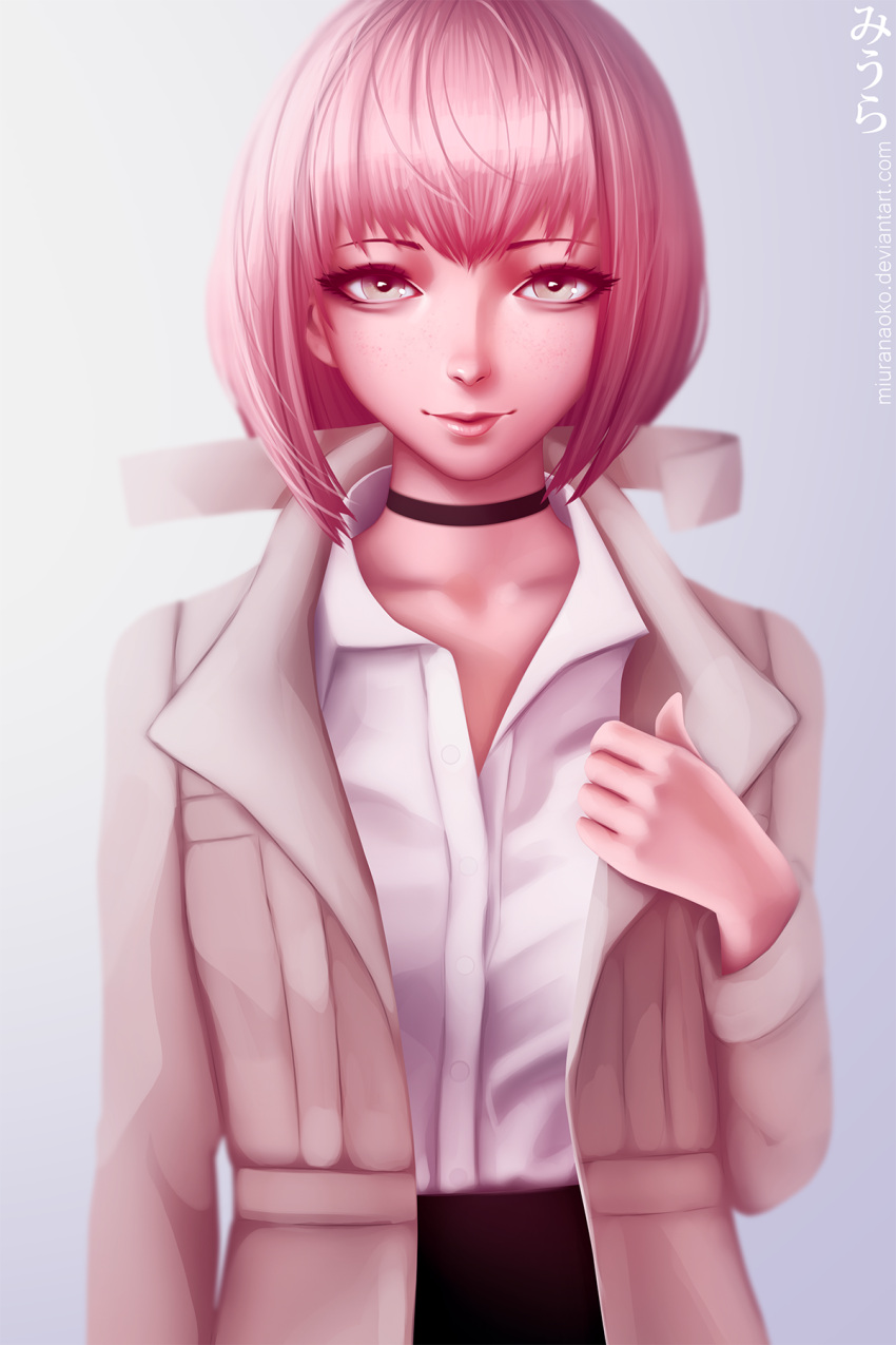 1girl, artist_name, black_choker, black_skirt, brown_jacket, buttons, choker, closed_mouth, collared_shirt, deviantart_username, eyelashes, freckles, green_eyes, hairu_ihei, highres, jacket, long_sleeves, looking_at_viewer, miura-n315, open_clothes, open_jacket, pink_eyes, shirt, short_hair, skirt, smile, solo, tokyo_ghoul, white_shirt