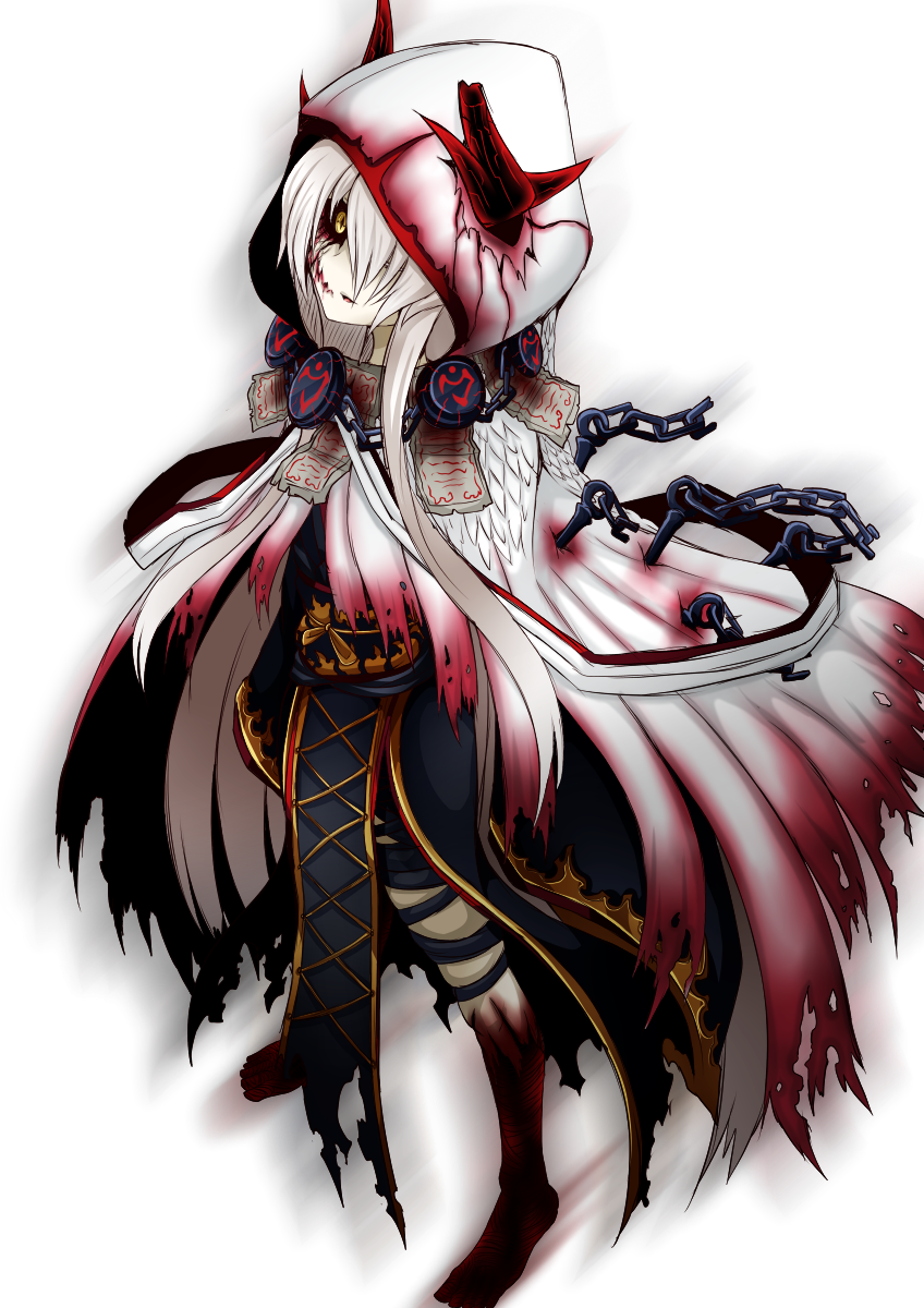 1girl, barefoot, black_sclera, broken, broken_chain, chains, corruption, dark_persona