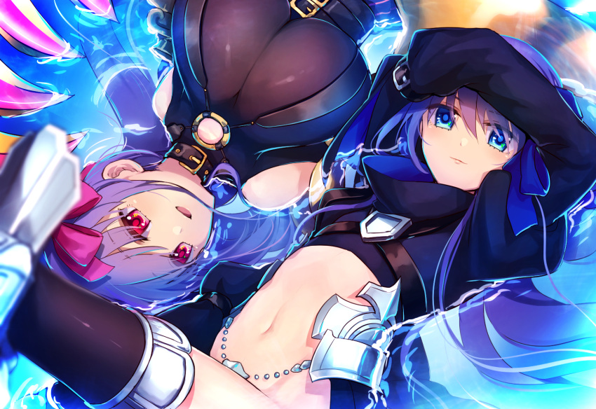 2girls, armor, armored_boots, bangs, black_coat, black_legwear, blue_eyes, blurry