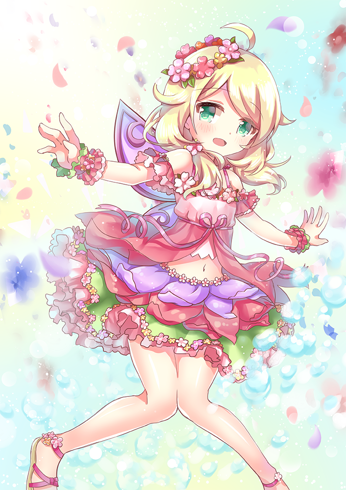 1girl, ahoge, arm_cuffs, bare_legs, bare_shoulders, blonde_hair, blush, bubble