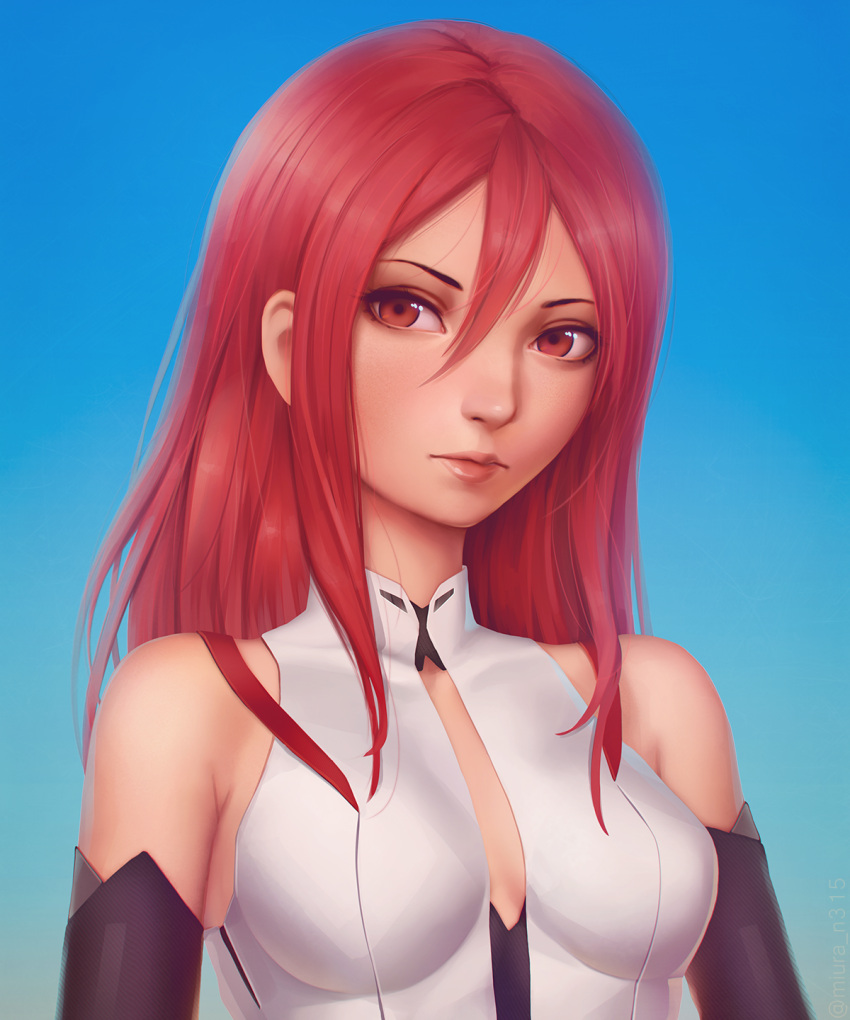 1girl, artist_name, bangs, blue_background, breasts, breasts_apart, character_request, closed_mouth, gradient, gradient_background, hair_between_eyes, harmony_(itou_keikaku), highres, kirie_tuan, lips, looking_at_viewer, medium_breasts, miura-n315, nose, pink_hair, simple_background, solo, twitter_username, upper_body