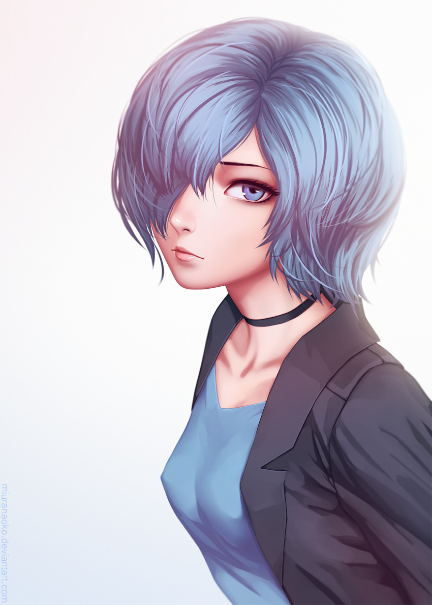1girl, black_choker, black_jacket, blue_eyes, blue_hair, blue_shirt, breasts, choker