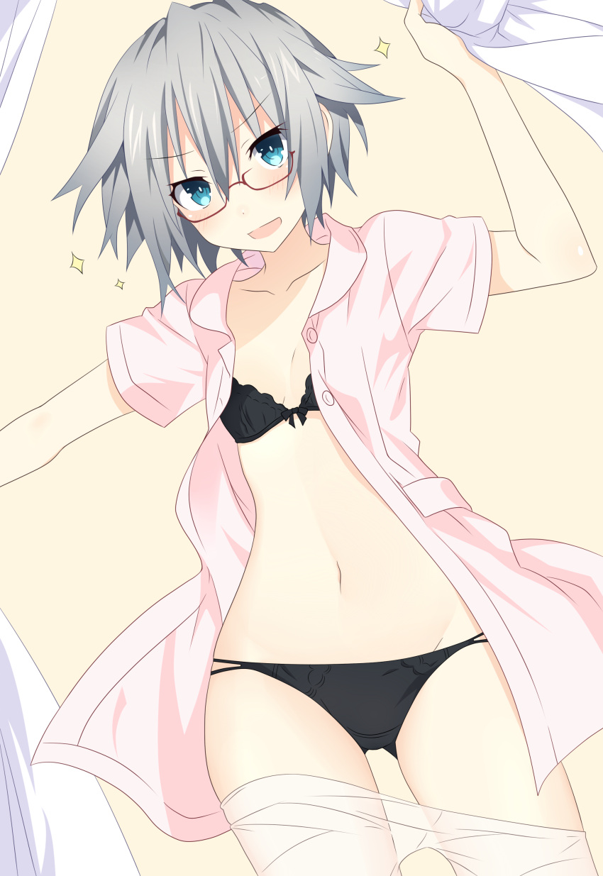 1girl, :d, absurdres, black_bra, black_panties, blue_eyes, bra, breasts