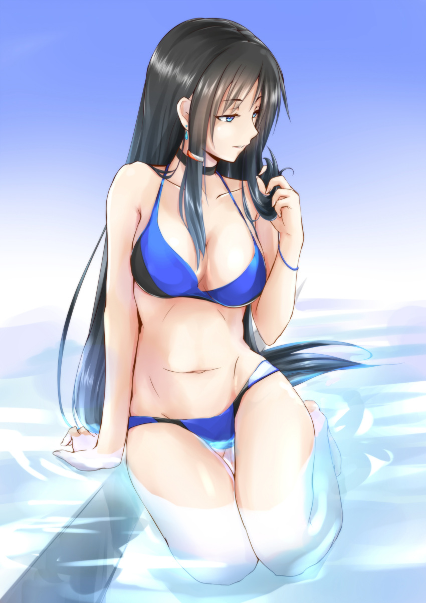 1girl, absurdres, arm_support, bikini, black_hair, blue_bikini, blue_eyes, breasts