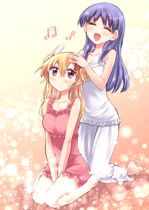 2girls, bare_arms, bare_shoulders, barefoot, between_legs, blonde_hair, blue_hair, blush