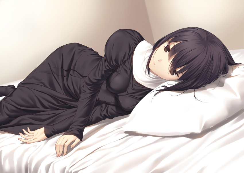 1girl, bangs, bed_sheet, black_dress, black_hair, black_legwear, breasts, brown_eyes