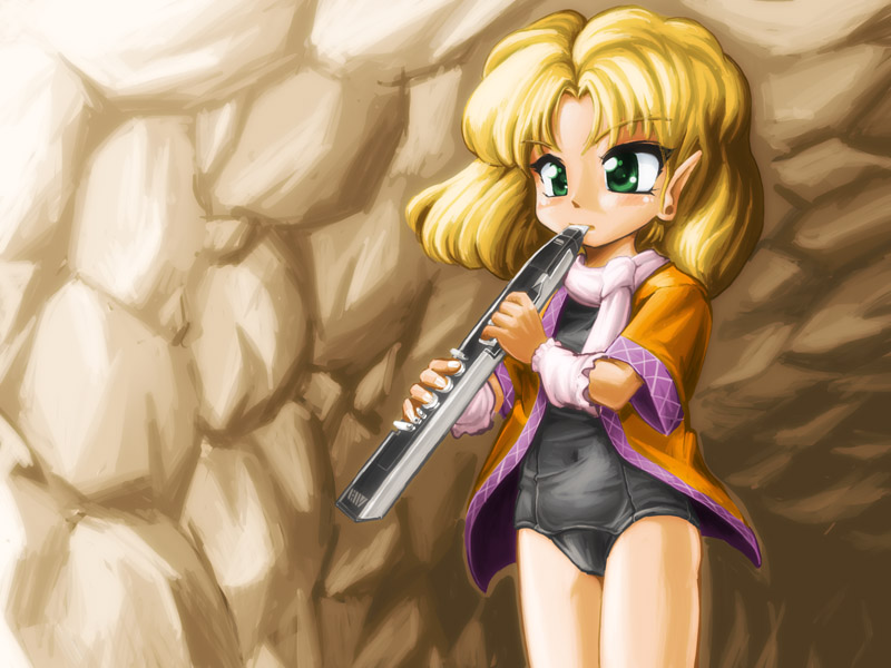 armwarmers, blonde_hair, electric_wind_instrument, green_eyes, instrument, mizuhashi_parsee, no_pants, one-piece_swimsuit