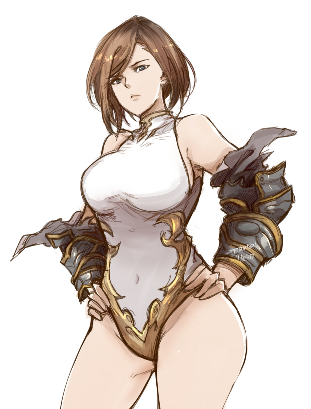 1girl, apollonia_vaar, armor, blue_eyes, brown_hair, cowboy_shot, granblue_fantasy, hands_on_hips
