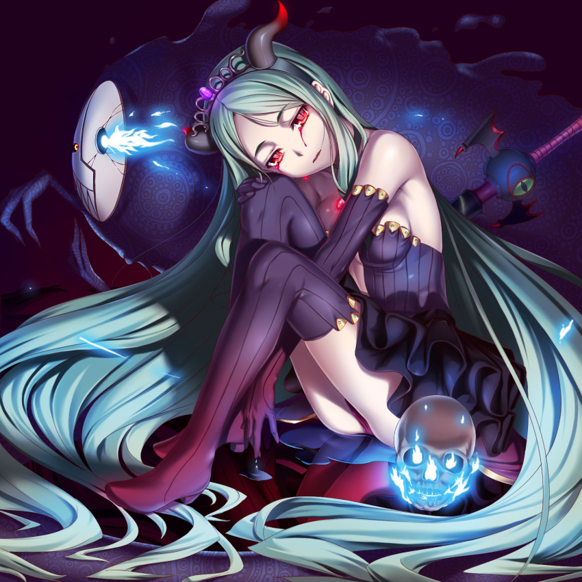 1girl, aqua_hair, bangs, bare_shoulders, between_legs, black_choker, blood, bloody_tears