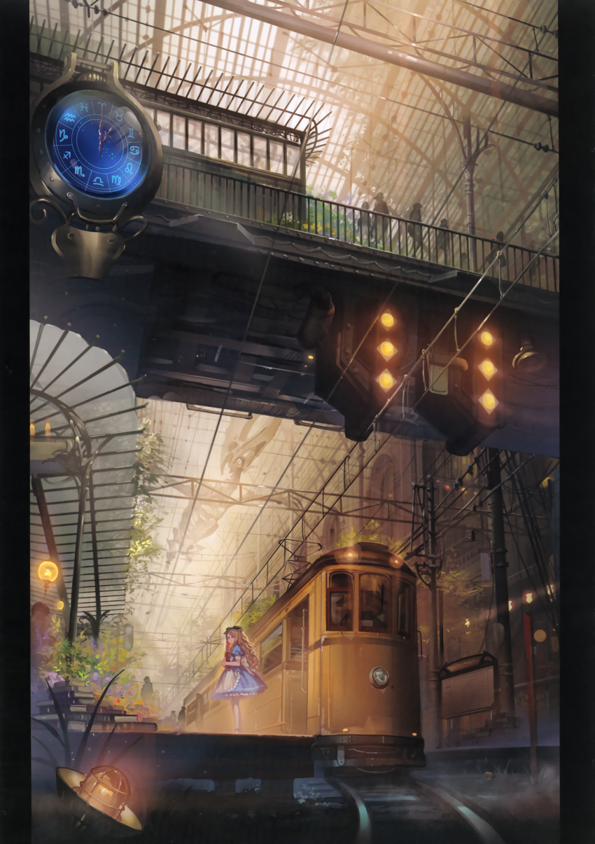 1girl, absurdres, alice_(wonderland), alice_in_wonderland, alphonse_(white_datura), analog_clock, apron, artist_name