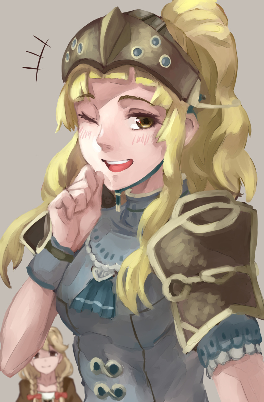 /\/\/\, 2girls, armor, armored_dress, blonde_hair, blush, braid, breasts, chin_strap, clair_(fire_emblem), effie_(fire_emblem), fire_emblem, fire_emblem_echoes:_mou_hitori_no_eiyuuou, grey_background, hair_ribbon, hand_to_own_mouth, helm, helmet, highres, laughing, long_hair, looking_at_viewer, multiple_girls, one_eye_closed, open_mouth, pauldrons, ponytail, ribbon, shaded_face, short_sleeves, smile, solo_focus, traditional_media, tress_ribbon, twin_braids, upper_body, wrist_cuffs, yasaidon, yellow_eyes