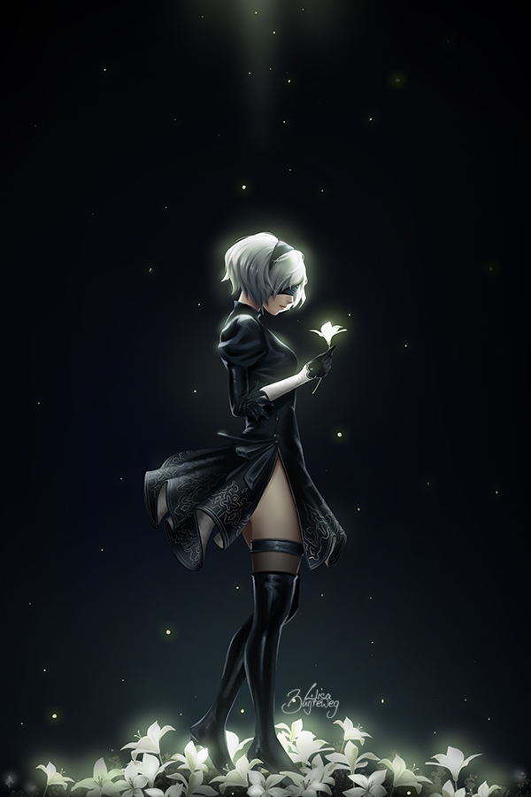 1girl, artist_name, black_dress, black_legwear, blindfold, boots, dark_background, dress