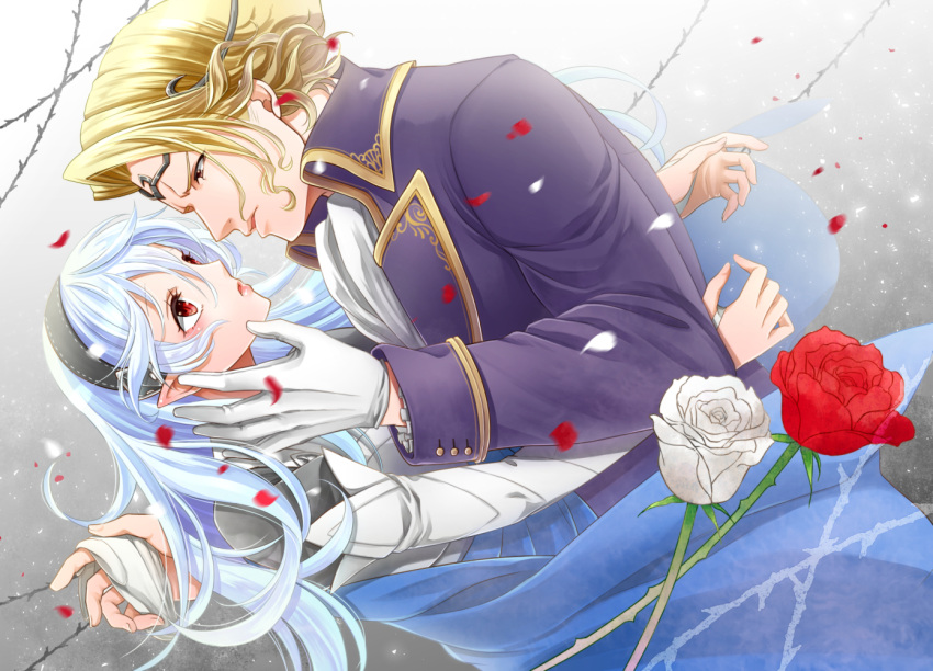 1boy, 1girl, armor, armored_dress, blonde_hair, cape, circlet, couple