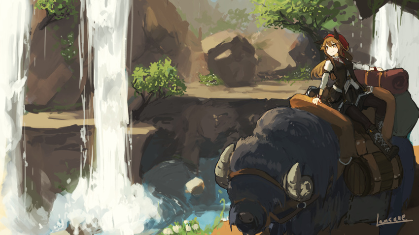 1girl, animal_ears, arm_up, artist_name, blue_sky, boots, brown_eyes, brown_hair, bush, cliffs, kerchief, lansane, long_hair, luggage, original, pantyhose, riding, rock, shirt, sidelocks, sitting, skirt, sky, sleeves_rolled_up, smile, solo, standing, stream, tail, tree, tsana_(lansane), vest, water, waterfall, white_shirt, wolf_ears, wolf_tail, wristband, yak